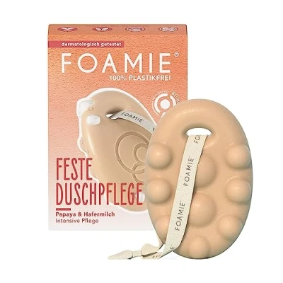 Abbildung von Foamie Festes Duschgel mit Papaya &amp; Hafermilch, Duschpflege Massage Effekt für eine Intensive Pflege, Feste Dusche 100% Vegan, Plastikfrei, Silikonfrei, 80g