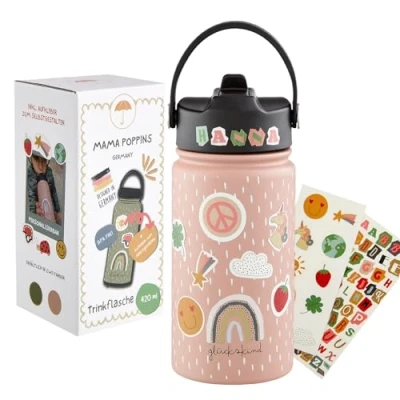 Abbildung von Mama Poppins Germany Kinder Trinkflasche Edelstahl 420ml mit Strohhalm Auslaufsicher und BPA frei Geeignet für ab 3 Spülmaschinenfest (Olivgrün)