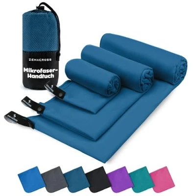 Abbildung von ZENACROSS Mikrofaser Handtuch 3er Set mit Transportbeutel Schnelltrocknendes und vielseitiges Fitness Sporthandtuch Größen XS, S, M Marineblau