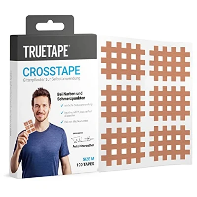 Abbildung von TRUETAPE Crosstapes 100 mittelgroße Gitterpflaster inkl. Anleitung Wasserfest &amp; Extra Starker Halt Original Akupunkturpflaster Größe M