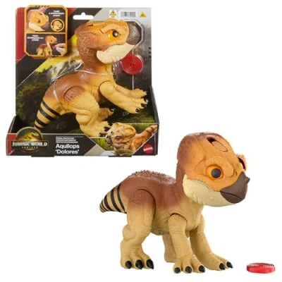 Abbildung von Mattel Jurassic World: Die Wiedergeburt Primal Protector Aquilops Dolores, interaktives Dinosaurier Spielzeug mit Angriffsbewegungen und Brüllgeräuschen, elektronische Figur Nahrungszubehör, JGC01