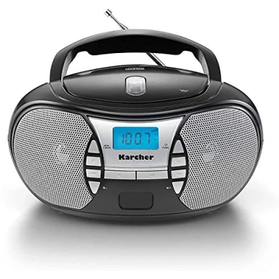 Abbildung von KARCHER RR 5025 B tragbares Radio, CD Player mit Netz und Batteriebetrieb, UKW Radio AUX Anschluss &amp; Kopfhöreranschluss, schwarz