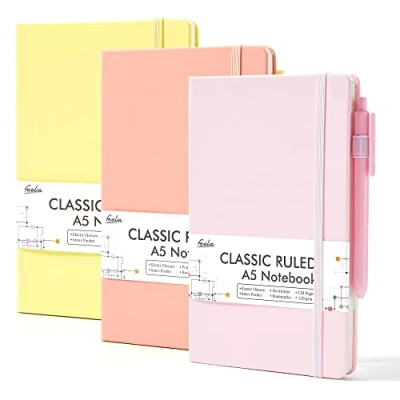 Abbildung von feela Notizbuch A5 liniert Hardcover, 3 farbiges Notizbücher Set, Journal Buch mit Gelstifte schwarz, 120 GSM, 13x21cm, Notizblock Set geeignet für Büro, Schule, Kinder und Erwachsene, Din