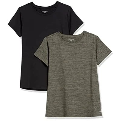 Abbildung von Amazon Essentials Damen Kurzärmliges Tech Stretch T Shirt mit Rundhalsausschnitt (in Übergröße erhältlich), 2er Pack, Olivgrüner Weltraumfarbstoff/Schwarz, XL