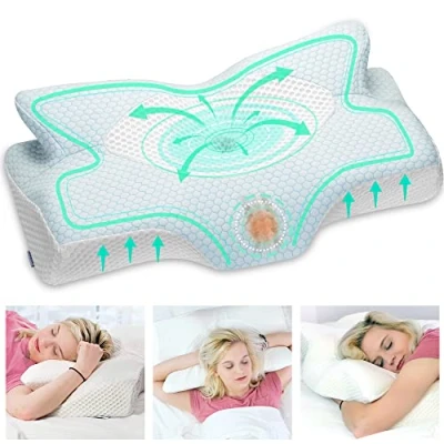 Abbildung von Elviros Orthopädisches Kissen aus Memory Foam, Seitenschläferkissen Nackenstützkissen Kopfkissen Nackenschmerzen Ergonomisches Schlafkissen für Nacken und Schulterschmerzen 64 x 12,5/10,5 38cm, Blau