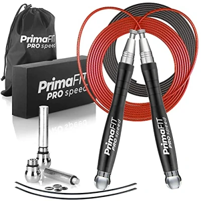 Abbildung von PrimaFIT Springseil Erwachsene Fitness Pro Speed Jump Rope 3m Seilspringen Verstellbar Mit Gewichten, 2 Kugellager &amp; Anti Rutsch Griffe, Profi Skipping Für Boxen, MMA, Crossfit, Extra Stahlseil,Tasche
