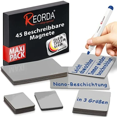 Abbildung von Reorda Magnetstreifen beschreibbar 45 Stück wiederbeschreibbar in 3 Größen (Grau) Beschreibbare Magnete für Whiteboard, Kanban, Magnettafel Beschriftbare den Kühlschrank