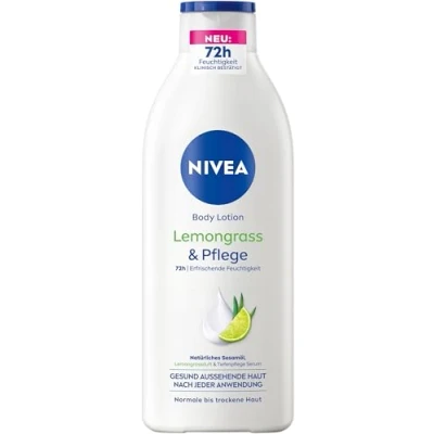 Abbildung von NIVEA Body Lotion Lemongrass &amp; Pflege, Körpercreme mit Tiefenpflege Serum für 72h Feuchtigkeit, Körperlotion Sesamöl und erfrischendem Duft (400 ml)