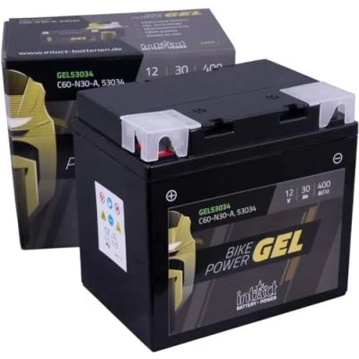 Abbildung von intAct GEL MOTORRADBATTERIE Batterie mit +30% Startleistung. Für Roller, Motorrad, Rasentraktor Bike Power GEL53034, C60 N30 A, 12V Batterie, 30 AH (c20), 400 A (EN) Maße: 178x124x1