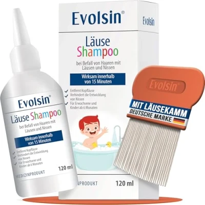 Abbildung von Evolsin® 120ml Läuseshampoo &amp; Läusekamm für Erwachsene Kinder ab 6 Monaten bei Befall von Haaren mit Nissen Kopfläusen Läusemittel schonend die Kopfhaut wirkt in 15 Minuten