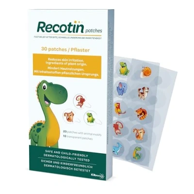 Abbildung von Novokill RECOTIN Mückenpflaster 30x 100% natürliche Wirkstoffe Urlaub Must Haves Insektenstichheiler Pflaster gegen Mückenstiche, Kinderpflaster Reiseapotheke 20x Tiermotive &amp; 10x transparent