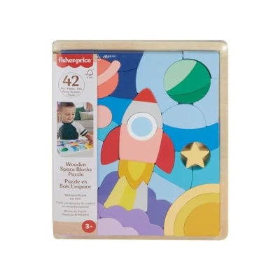 Abbildung von Fisher Price Spielzeug für Kindergartenkinder Weltraum Puzzle aus Holz mit Stapelblöcken, 42 Holzteile ein spielerisches Sortieren ab 3 Jahren, HXY42