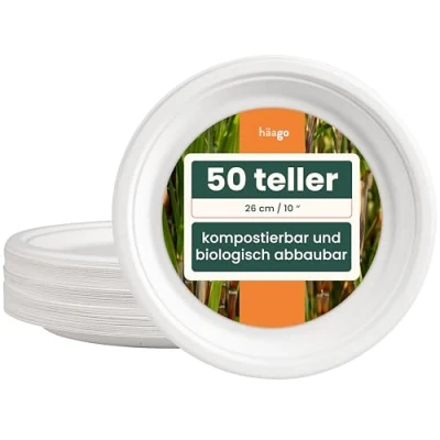 Abbildung von HAAGO 50 Zuckerrohr Einwegteller, 26cm Pappteller, Partyteller für Geburtstage, Partys &amp; Mehr Stabil, Heim kompostierbar Biologisch Abbaubar