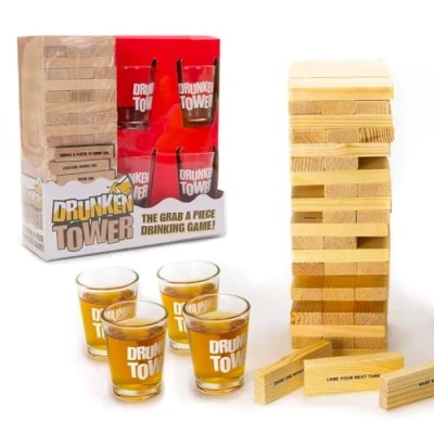 Abbildung von Original DrunkenTower® Wackelturm mit Strafen 60 Holzteile 4 Shotgläser Trinspiel Party OriginalCup®