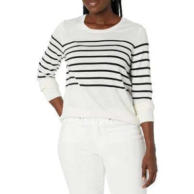 Abbildung von Amazon Essentials Damen Leichter, Langärmeliger Pullover Mit Rundhalsausschnitt (Erhältlich in Übergröße), Schwarz Weiß Platzierter Streifen, M